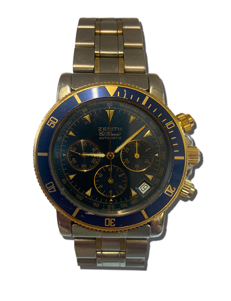 Montre chronographe de luxe vintage avec cadran bleu, compteurs secondaires, index dorés et bracelet métallique bicolore.