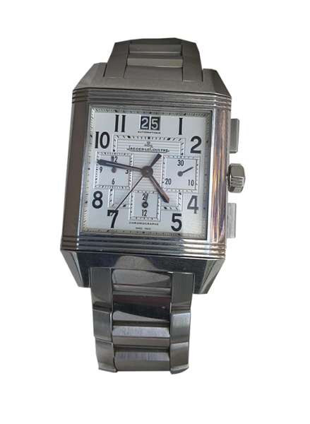 Montre vintage de luxe rectangulaire en acier avec chronographe à trois compteurs, grand guichet date et bracelet métal intégré ;