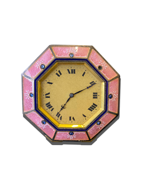 Petite horloge octogonale vintage de luxe, cadran doré à chiffres romains, encadrement émaillé rose avec cabochons bleus