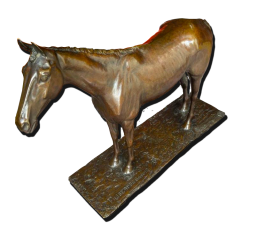 Sculpture de cheval en bronze patiné brun, finition lisse et brillante, posée sur une base rectangulaire texturée, visuel détouré ; Suisse, Valais, achat antiquaire, rachat, acheteur d’art, proposition de rachat.