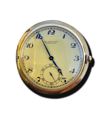 Montre vintage de luxe de style montre de poche, boîtier doré, cadran crème, aiguilles bleues ; proposition de rachat.