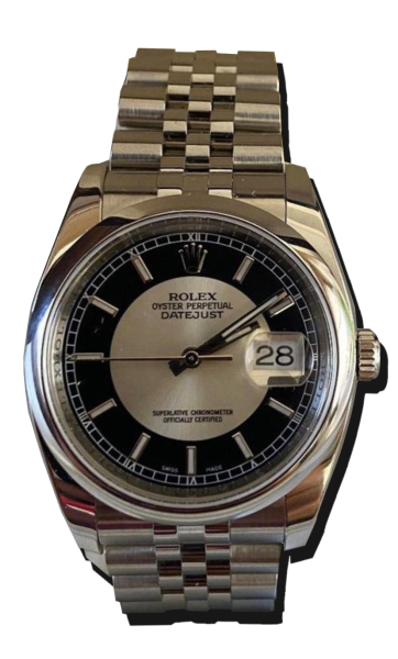 Montre vintage de luxe en acier avec bracelet métal, cadran bicolore noir et argent, index bâtons et guichet date avec loupe, visuel produit