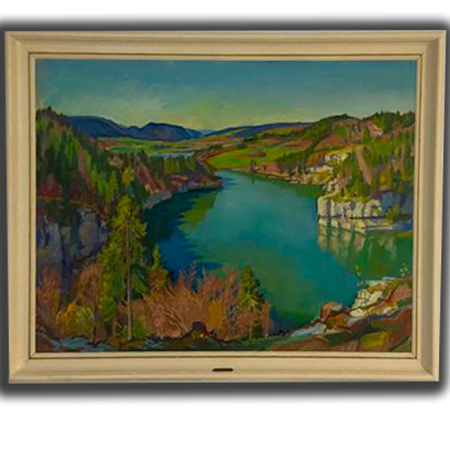 Tableau ancien encadré représentant une composition picturale avec un paysage central et un travail visible de la peinture. Tableau ancien