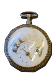 Montre de poche de collection à cadran émaillé décor figuratif, boîtier rond avec anneau, bordure à points dorés