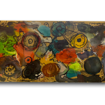 Tableau encadré abstrait et très coloré : grandes formes circulaires, traits noirs et aplats rouge, jaune, vert et bleu sur fond beige