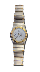 Montre vintage de luxe bicolore (acier et ton or) avec bracelet métal intégré, lunette à chiffres romains et cadran blanc avec indications jour et date