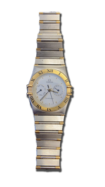 Montre vintage de luxe bicolore (acier et ton or) avec bracelet métal intégré, lunette à chiffres romains et cadran blanc avec indications jour et date