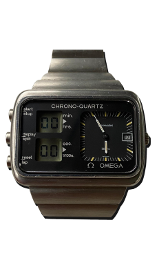 Montre vintage de luxe en acier, boîtier rectangulaire, affichage combiné digital et cadran central, bracelet métal intégré ; Suisse, Valais, achat antiquaire, rachat, acheteur d’art, proposition de rachat.