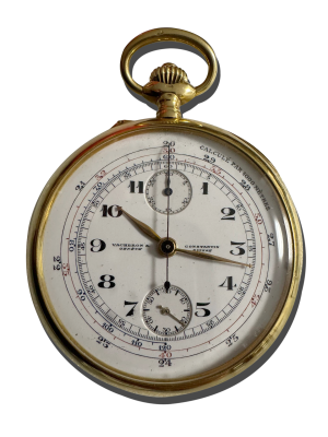 Montre de poche vintage ancienne avec cadran circulaire et boîtier métallique.