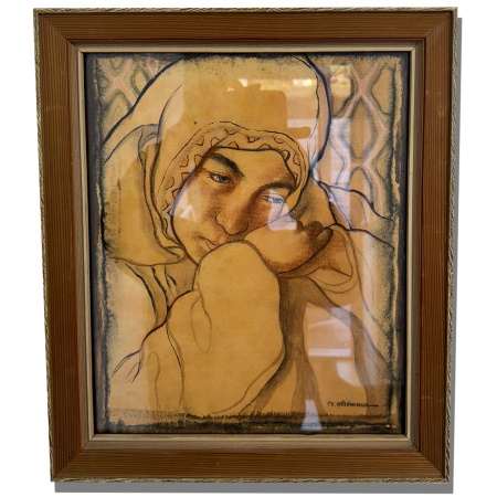 Tableau ancien encadré, portrait de femme au voile en tons sépia
